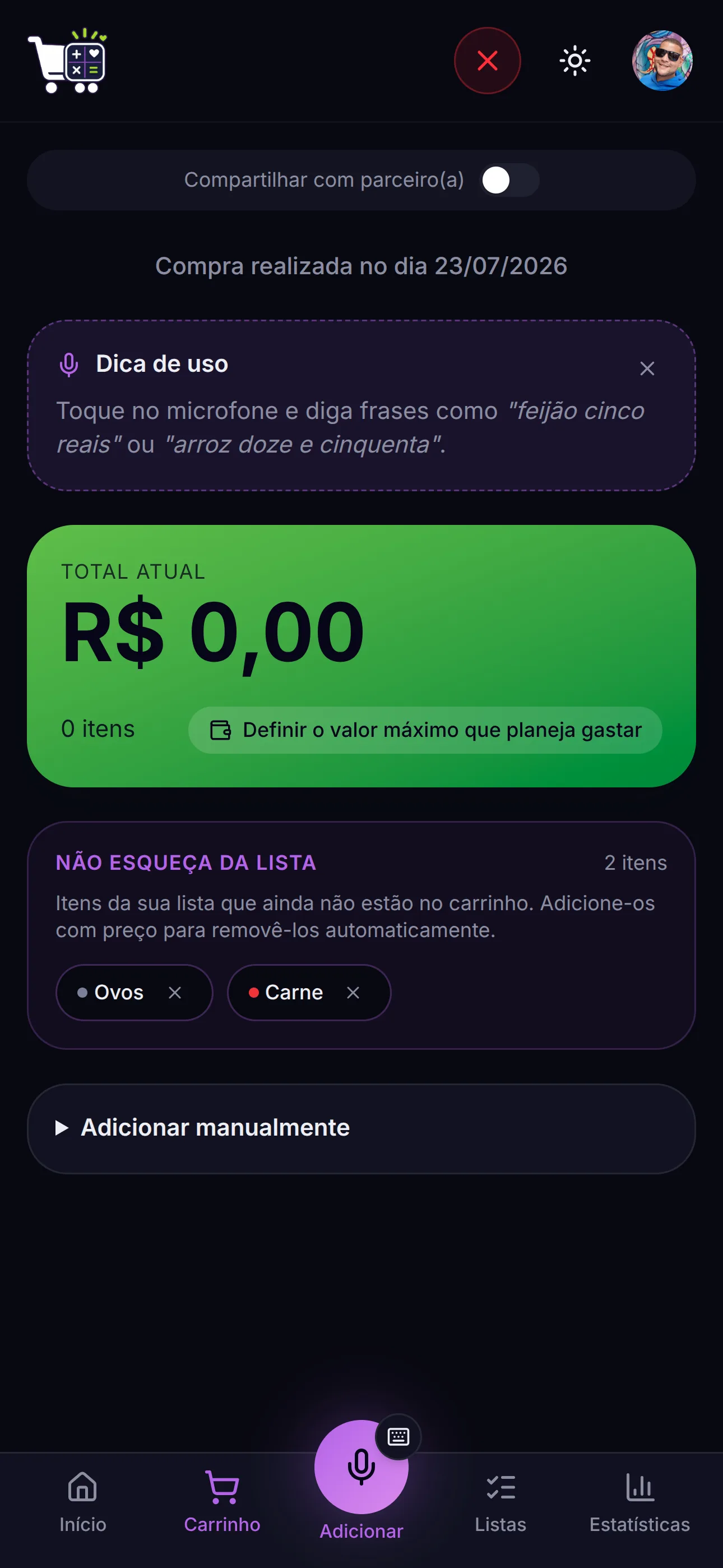 Tela real do carrinho de compras com itens e total